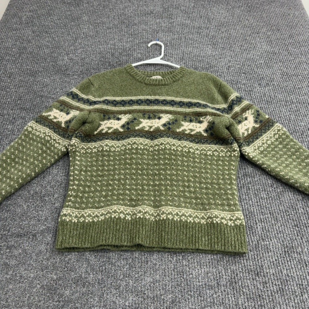 LL Bean Sweater Mens S Green Lambswool Reindeer Fair Isle Crew Neck Gorpcore